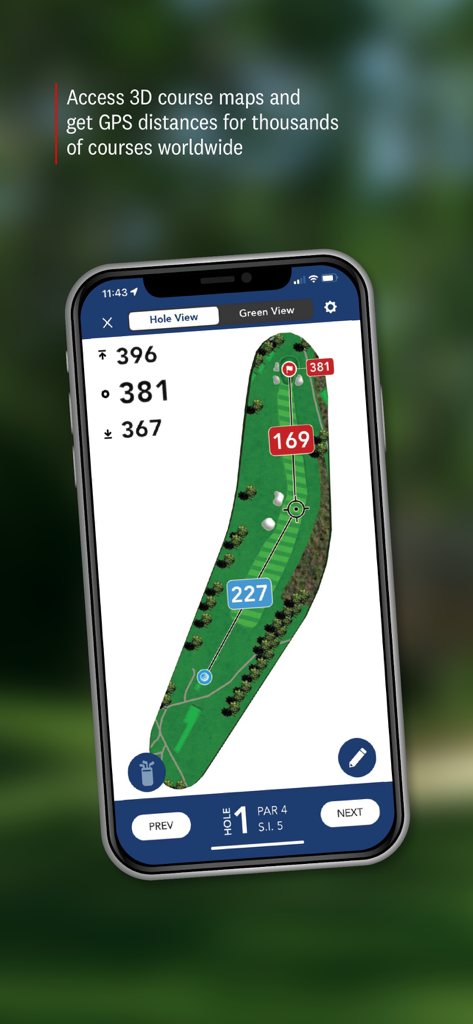 GHIN - GHIN app displaying a 3D golf course map with GPS distances and hole information.
