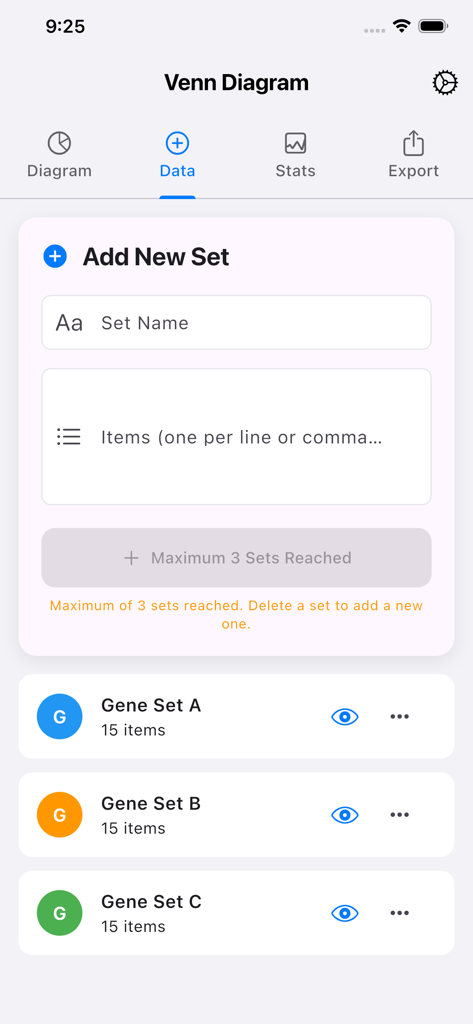 Venn Diagram by Japality - Pantalla de gestión de datos en la aplicación Diagrama de Venn que muestra varios conjuntos de genes
