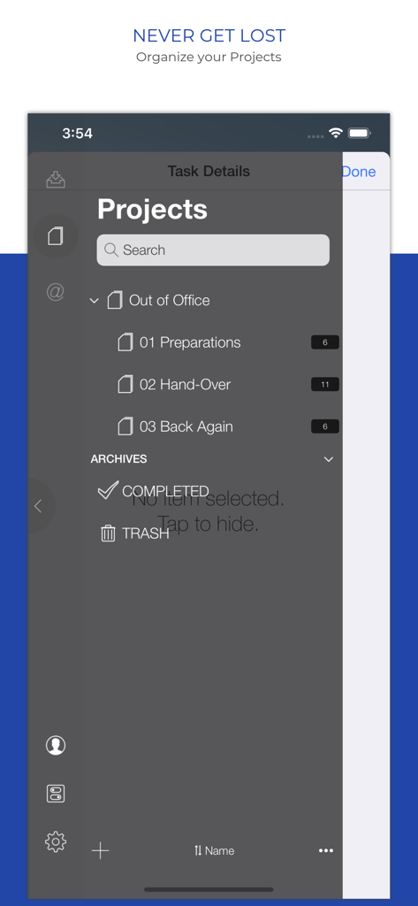 Organize:Pro - Task Manager - Organize Pro task manager interface showing project hierarchy and folders