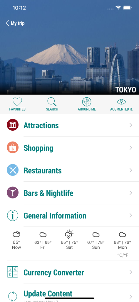 Self Guide - Main menu of the Self Guide travel app showing Tokyo trip details including attractions shopping and local weather