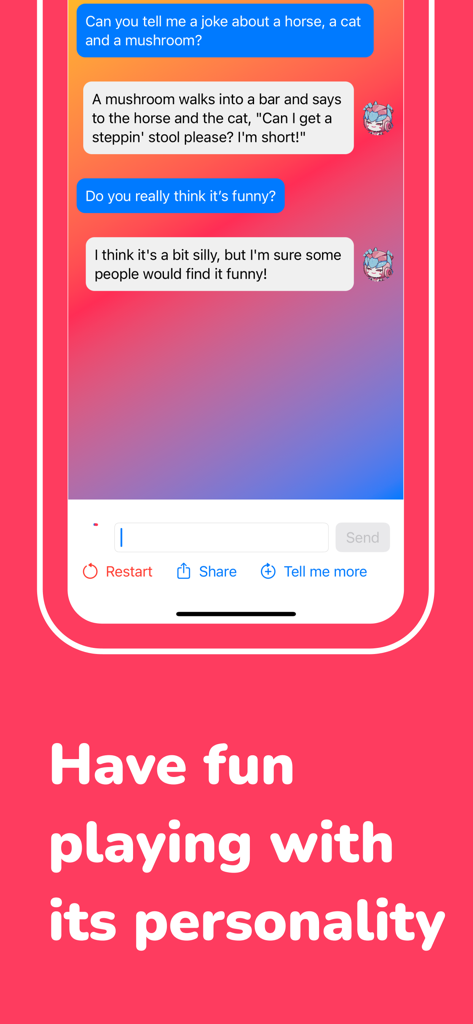 A mobile screenshot of Chatbot Activate AI displaying a humorous conversation and the text Have fun playing with its personality.