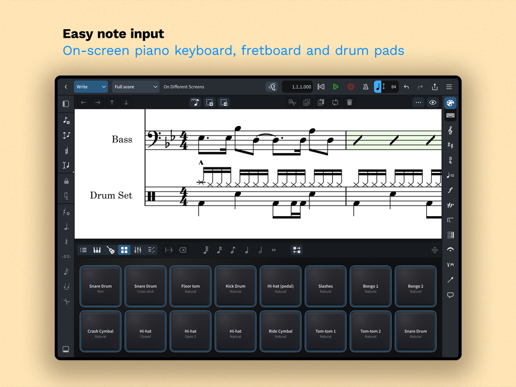 Dorico - Compose Music - Dorico app interface on iPad showing on-screen drum pads for easy music notation input