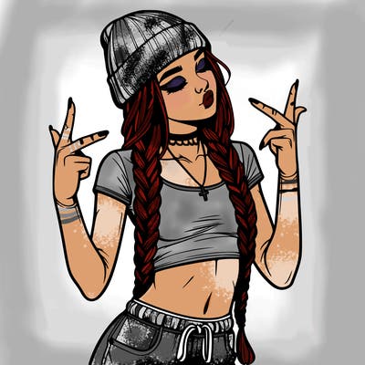 realistic teenage girl with braids and a beanie and crop top doing 🫶🏼