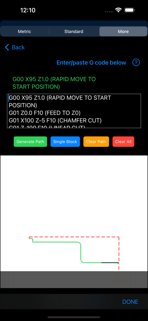 Machinist Pocket Pal app showing G code milling tool path simulation and command input