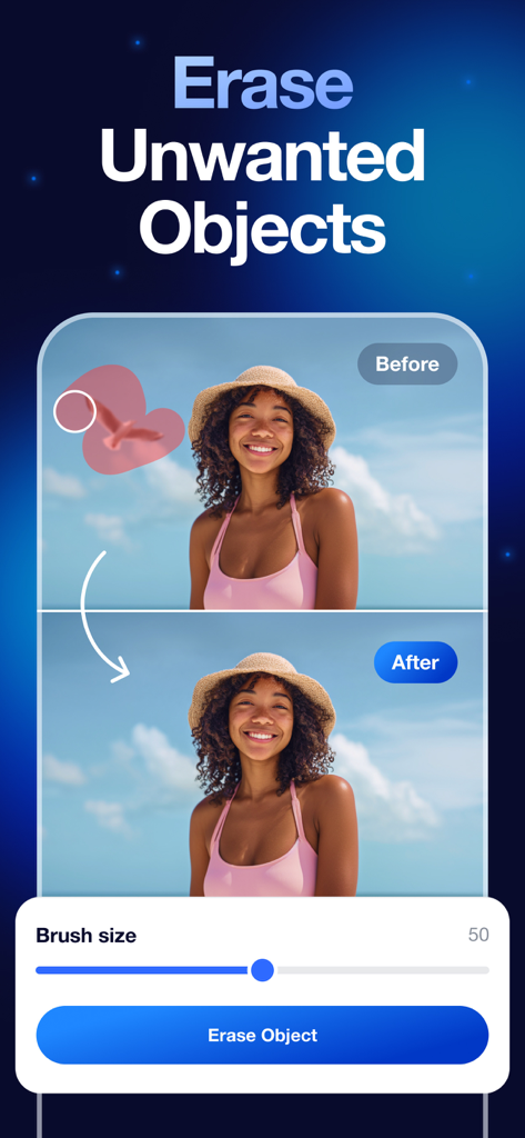 Background Remover+ - Before and after demonstration of erasing an unwanted bird from a beach photo using AI