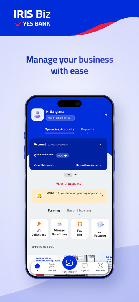 IRIS Biz by YES BANK - IRIS Biz by YES BANK app dashboard showing business account balance and quick access to banking services like UPI collections and bill payments.