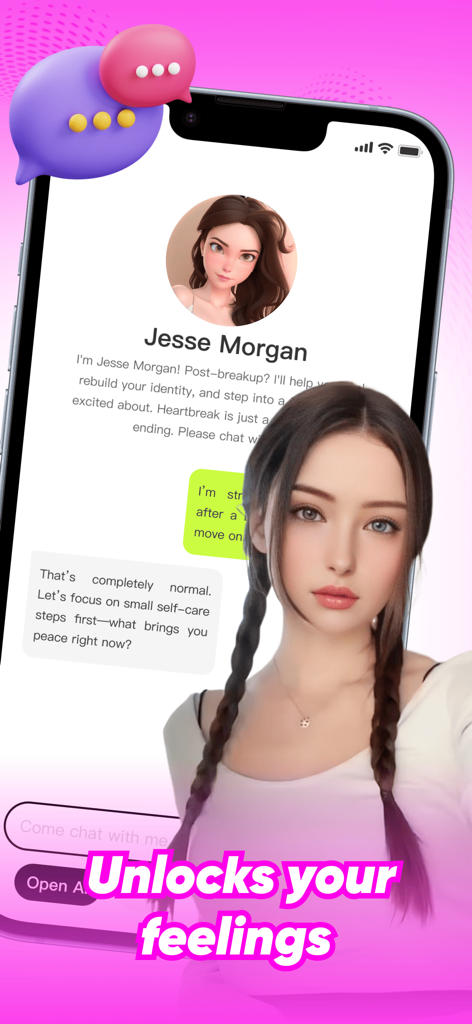 Zanu - Interfaz de la aplicación Zanu con un chat con un compañero de IA llamado Jesse Morgan y el eslogan Desbloquea tus sentimientos