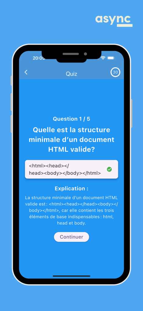Async - Async mobile app interface showing a coding quiz question about HTML structure with an explanation