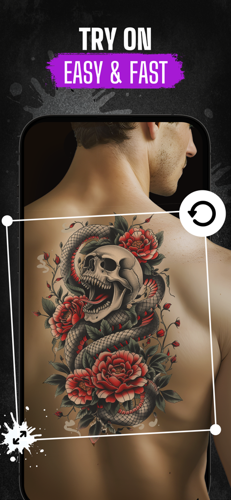 AR visualization of a large skull and snake tattoo on a mans back using the Next Ink app