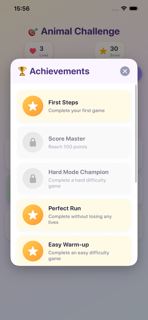 Schermata dei risultati dell'app mobile Tugomchi che visualizza traguardi sbloccati come Primo Passo e Esecuzione Perfetta accanto a sfide bloccate