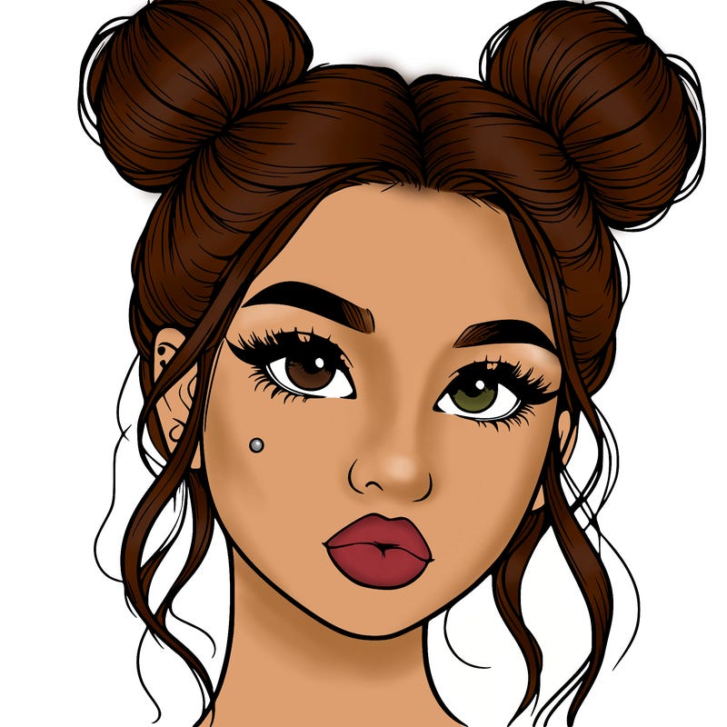 realistic girl with two buns on her hair and lips