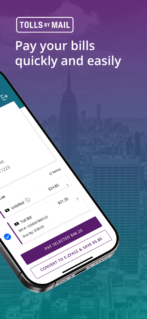 Mobile app interface for Tolls NY showing bill payment options with a background view of the New York City skyline