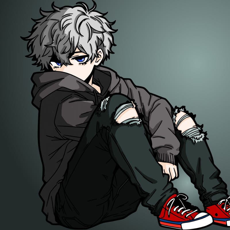 a male hoddie ripped jeans messy hair anime