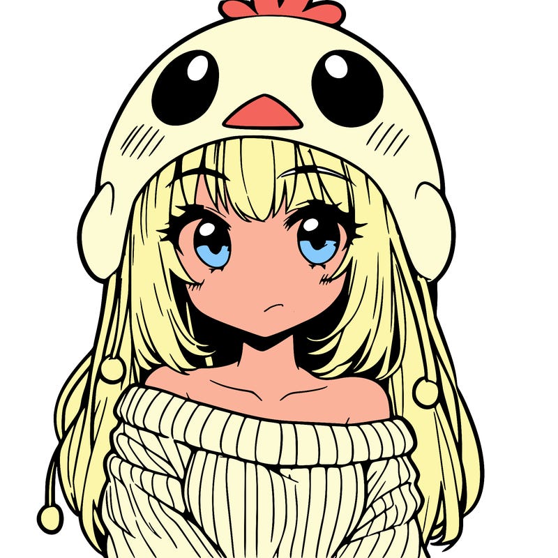 anime girl with chick shaped hat with sweater with bare shoulders with bangs covering them one eye with low tail