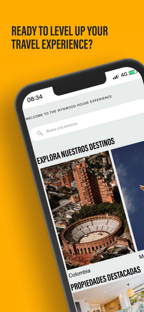 Wynwood House - Wynwood House app interface showing a search bar and travel destinations in Colombia