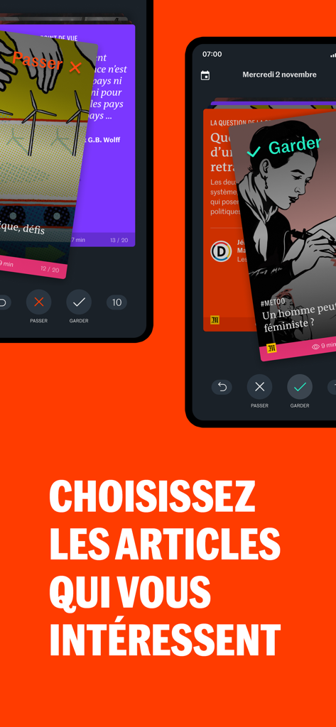 La Matinale du Monde app interface for swiping to keep or pass news articles