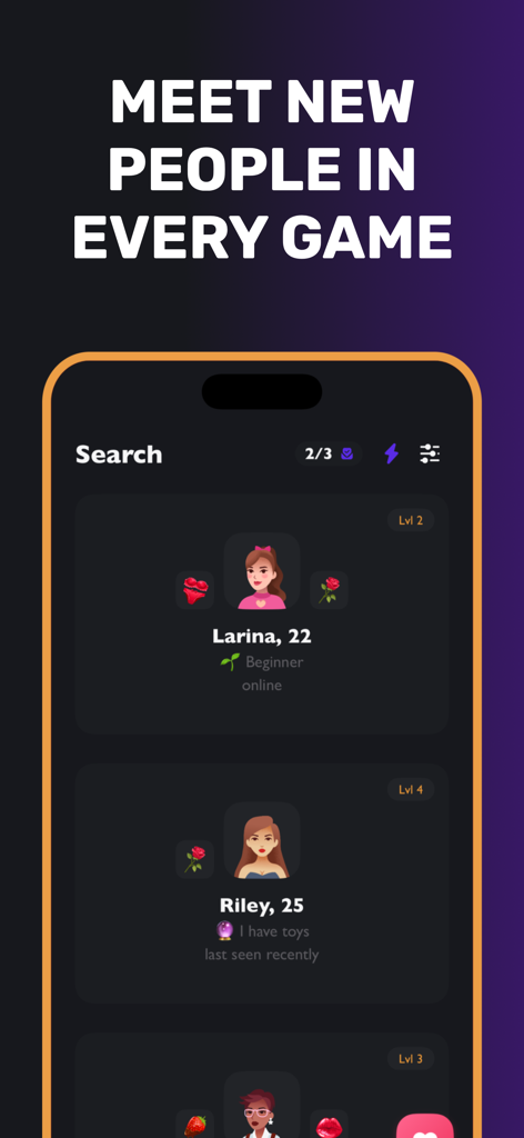 Search screen of Lusya dating app showing anonymous user profiles with avatars and game levels.