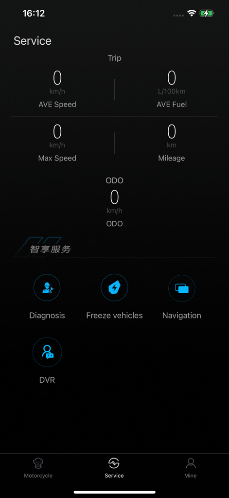 ZONTES Smart - Dashboard di servizio dell'app ZONTES Smart che mostra statistiche di viaggio e funzionalità di diagnostica del veicolo
