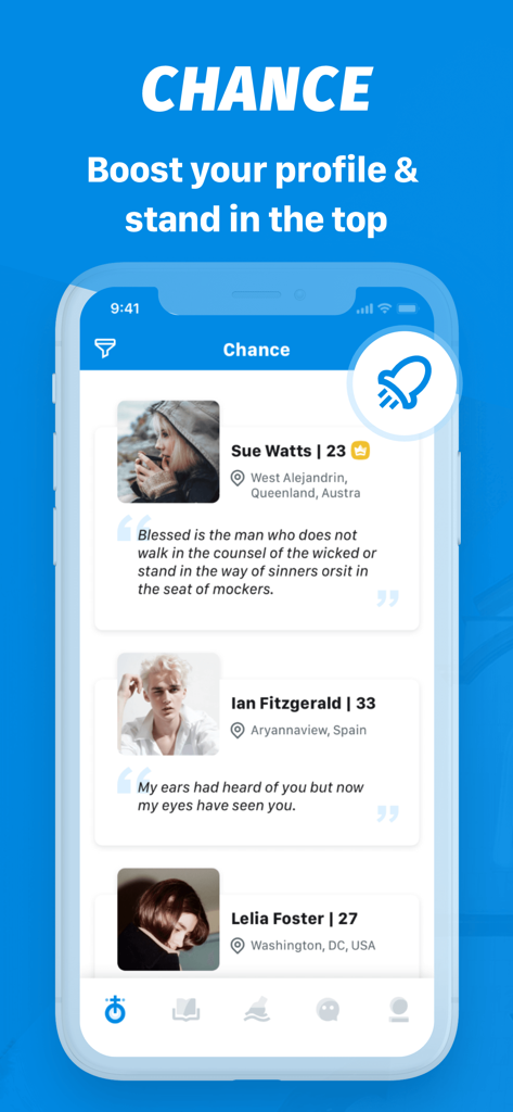 A mobile app interface for CFish showing Christian dating profiles with biblical verses and a profile boost option