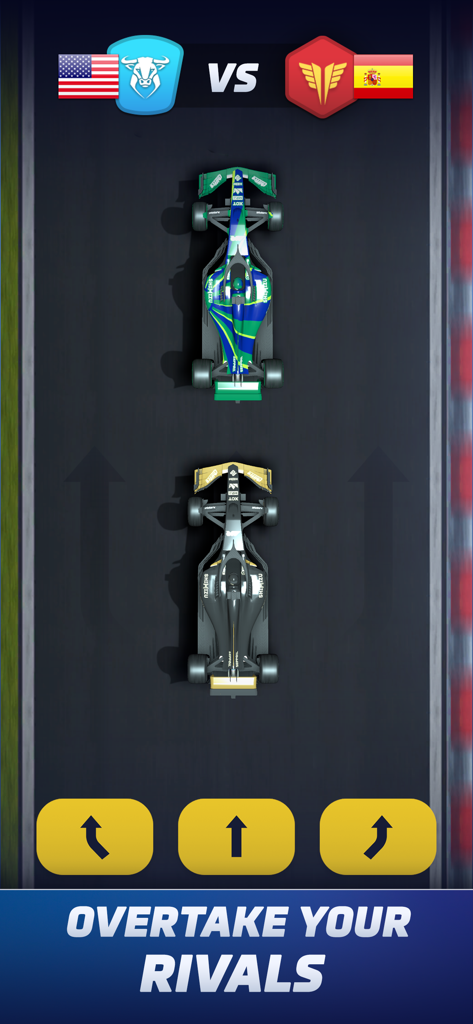 Racing Rivals: Motorsport Game - Top down view of two formula cars racing on a track with directional overtake buttons and a USA vs Spain score display