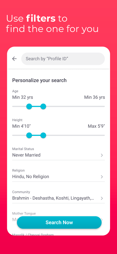 Shaadi app personalized search filters showing options for age height religion and community