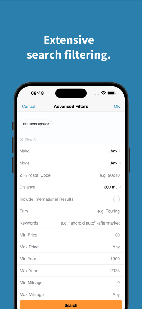 AutoTempest - Car Search - Advanced search filtering screen in the AutoTempest car search app