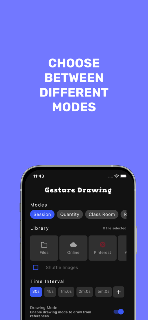 Gesture Drawing App - Interfaz de la App de Dibujo de Gestos mostrando la selección del modo de práctica y opciones de biblioteca como Pinterest