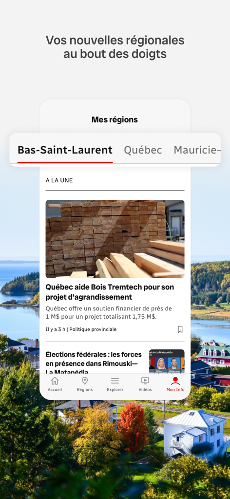 Radio-Canada Info mobile app interface showing regional news for Bas-Saint-Laurent