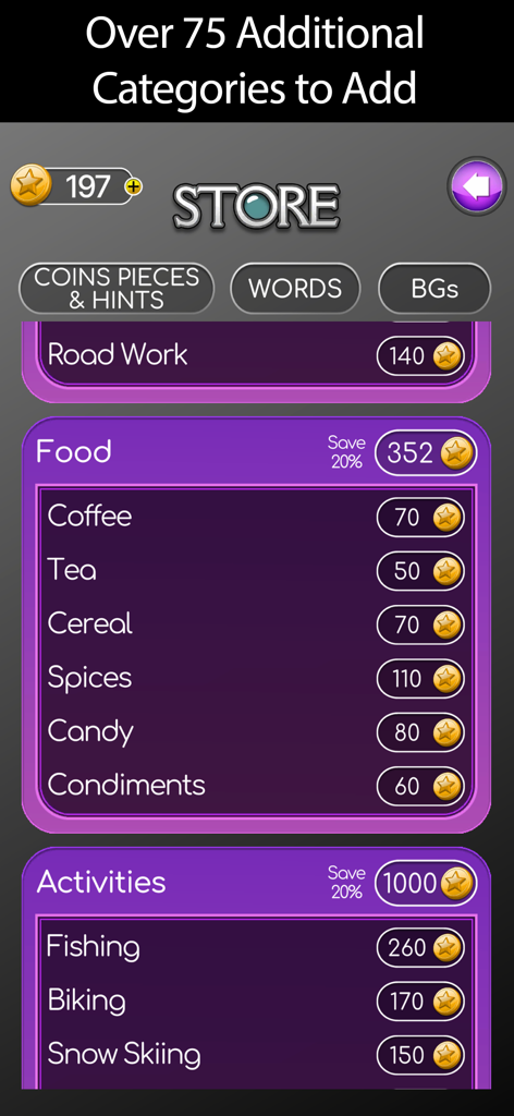 Hidden Word Find - Loja do jogo Hidden Word Find mostrando categorias de quebra-cabeças desbloqueáveis como Comida e Atividades.