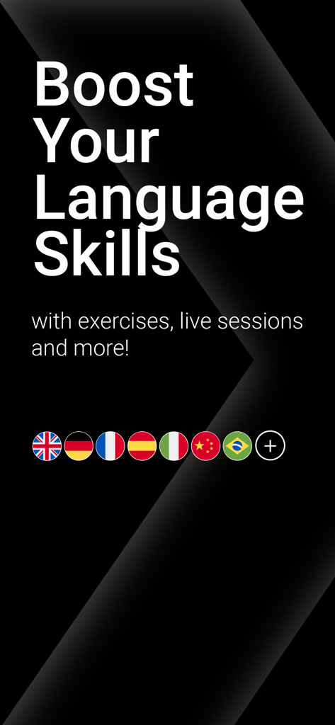 Pantalla promocional de la app de aprendizaje de idiomas Speexx con banderas internacionales y texto sobre mejora de habilidades lingüísticas