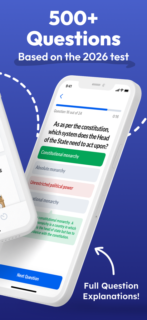 Life in the UK Test 2026 mobile app showing practice questions and detailed explanations