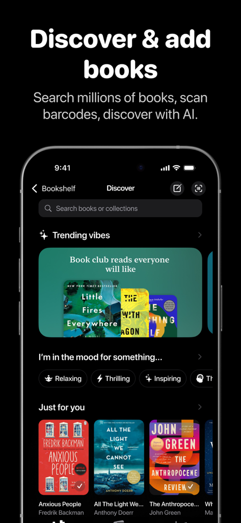 Screenshot of the Bookshelf app Discover tab showing book recommendations mood filters and search features in dark mode