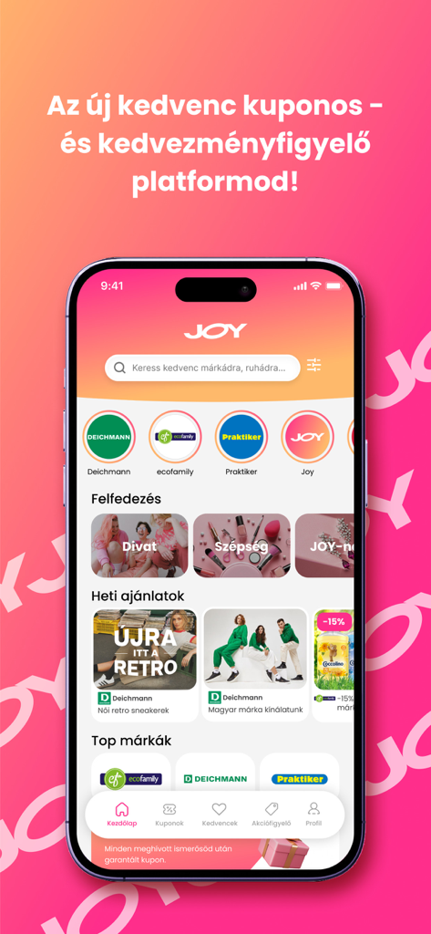 JOY Hungary mobile app home screen showing various shopping coupons and brand categories.