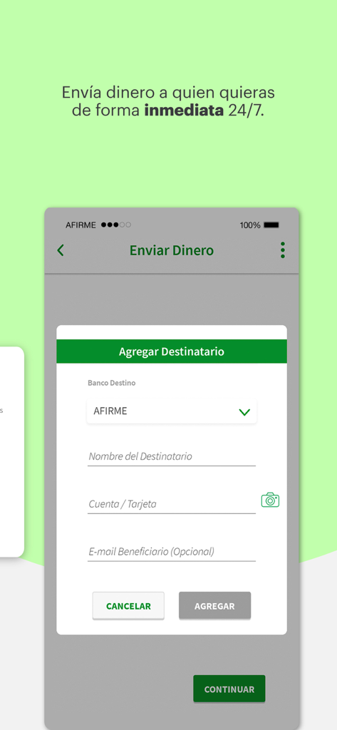 Formulario para agregar un destinatario para transferencias de dinero inmediatas en la aplicación Afirme Movil