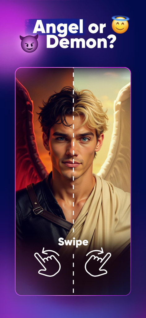 My Hot Diary: Love Story Games - A split portrait of a man as an angel and a demon with swipe instructions in a dating simulation game.