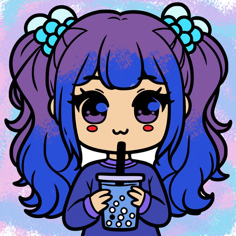 a girl with boba tea and pigtails
