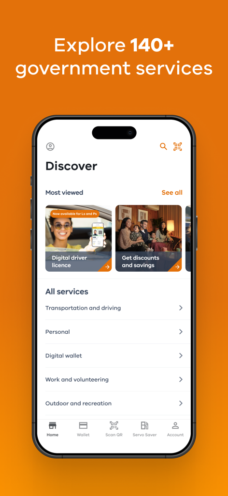 Schermata dell'app Service Victoria che mostra la patente di guida digitale e i servizi governativi