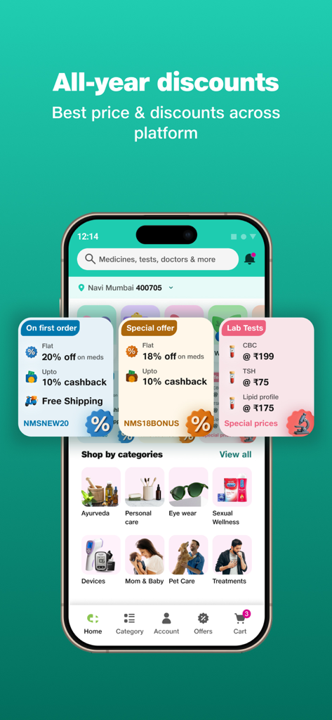 Interface de l'application Netmeds affichant des remises sur les médicaments, des offres de tests de laboratoire et des catégories de shopping.