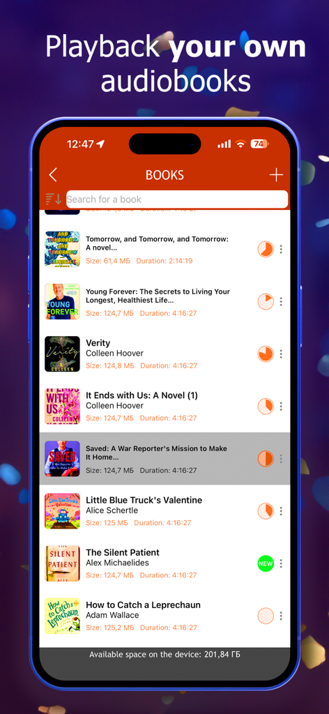 Library screen of the MP3 Audiobook Player Pro app showing personal audiobooks