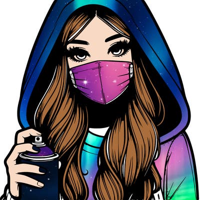 girl wearing a mask with long hair with her hood up spray-painting realistic