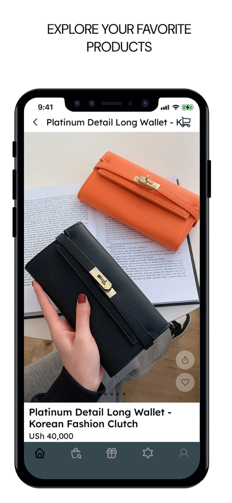 Moda UG: Fashion & Shopping - Schermata di acquisto che mostra un portafoglio a pochette lungo con dettagli platinum nell'app Moda UG