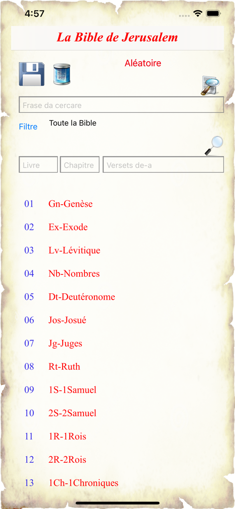 Lista de livros bíblicos na aplicação A Bíblia de Jerusalém exibida num fundo estilo pergaminho