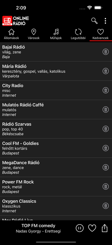 Online Rádió - Uma lista de estações de rádio húngaras favoritas na interface do aplicativo Rádio Online