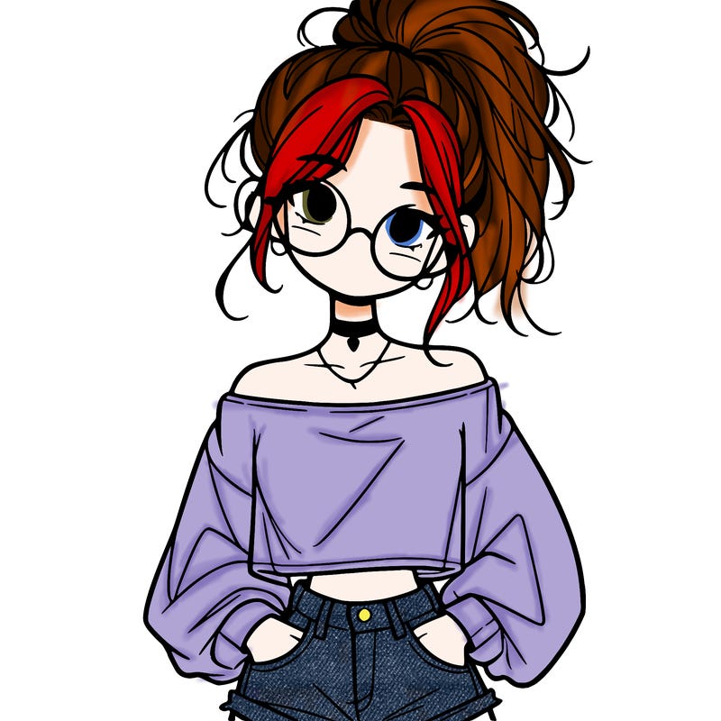 girl with a messy ponytail glasses a baggy crop top and jean shorts