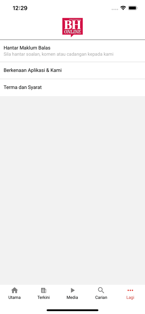 The more settings menu of the Berita Harian Mobile app featuring options for feedback and terms of service in Malay language