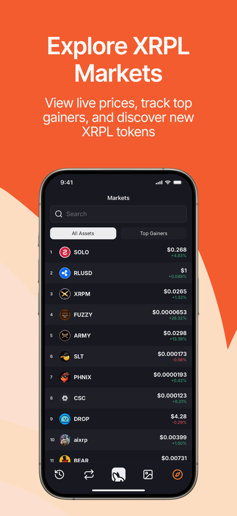 Joey Wallet - Joey Wallet mobile interface showing the XRPL Markets screen with a list of digital tokens and their current prices