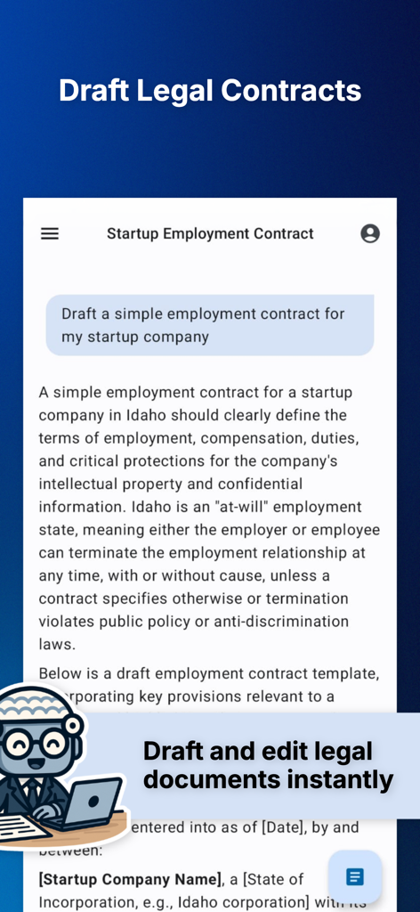 AI Reads Law: Legal Assistant - AIアシスタントインターフェース。ユーザーのためにスタートアップ雇用契約書を生成しています。