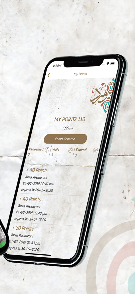 Aplicativo Ward Restaurants mostrando o saldo de pontos de fidelidade do usuário e recompensas de status prata