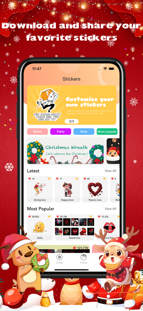 Mobile app interface for Christmas Stickers and Emoji featuring a custom sticker maker and seasonal emoji packs on a festive red background.