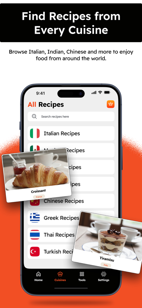 イタリアン、メキシカン、チャイニーズなどの料理別のレシピカテゴリのリストと、クロワッサンやティラミスのような特集料理を表示するモバイルアプリ画面